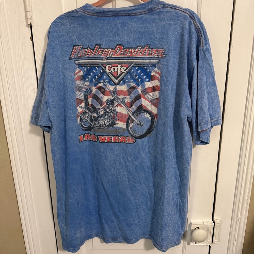 USA 1999 Harley Davidson Cafe T Shirt 90s Las Vegas Blue Vintage Tee Biker XL I
